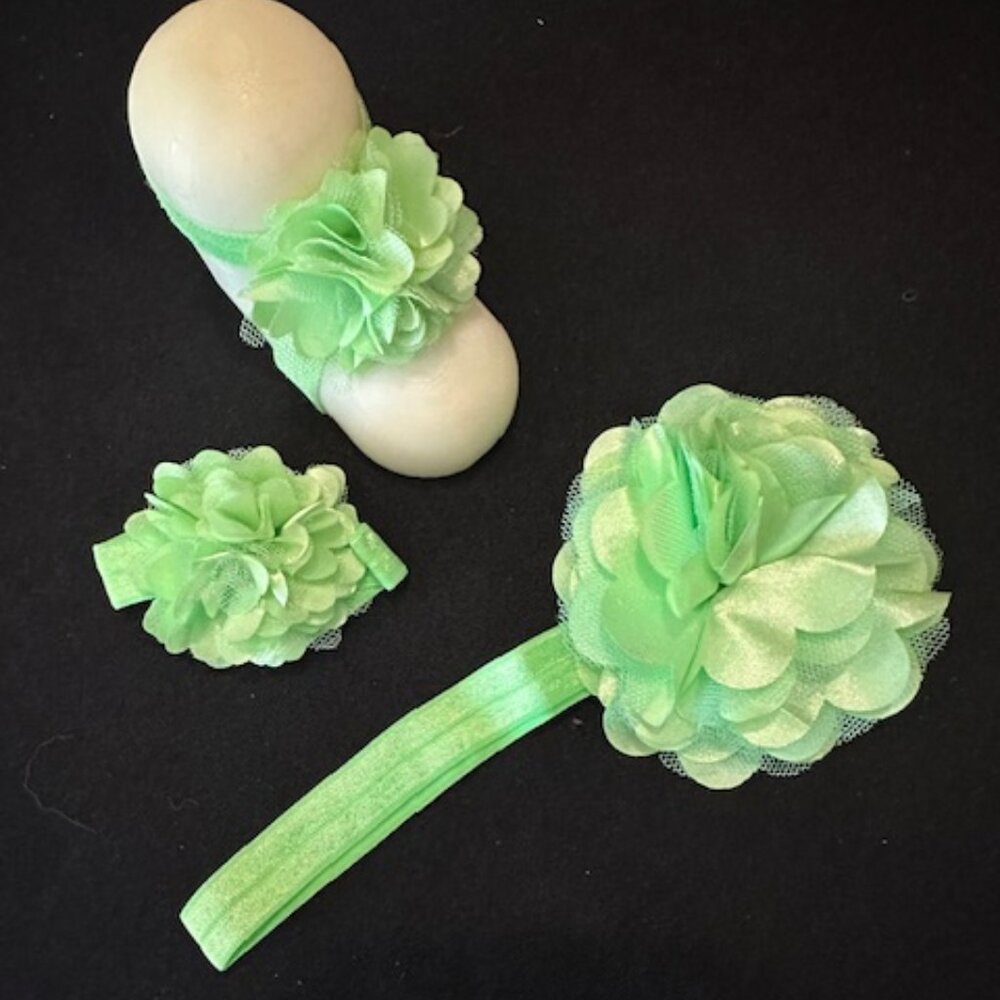 Lime Green Chiffon & Lace Barefoot Sandal & Headband Set   7249  NWT Handmade